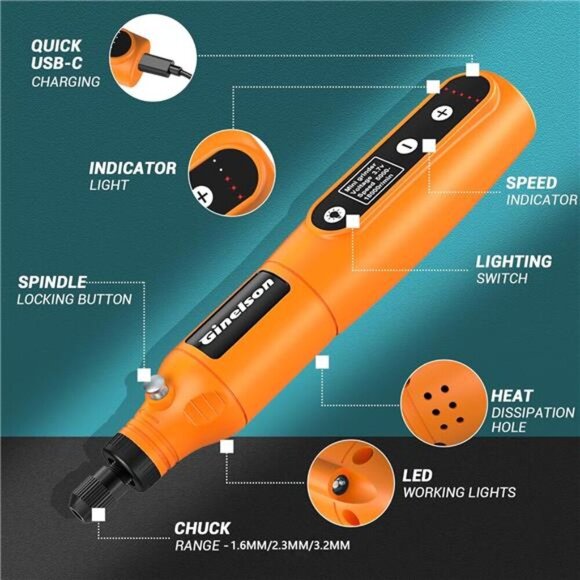 Cordless Rotary Tool,  Battery Pack, 5-Speed and USB-C Charging Rotary Tool Kit - Picture 9 of 14